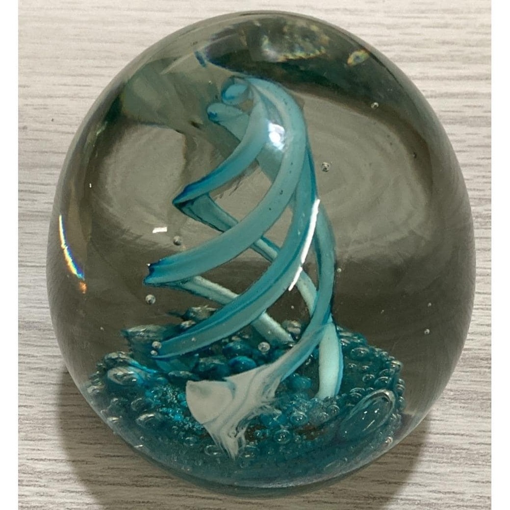 Art Deco Glass Paperweight 2.5x2.75" Pale Blue Swirl w/ Angel Fish Swimming